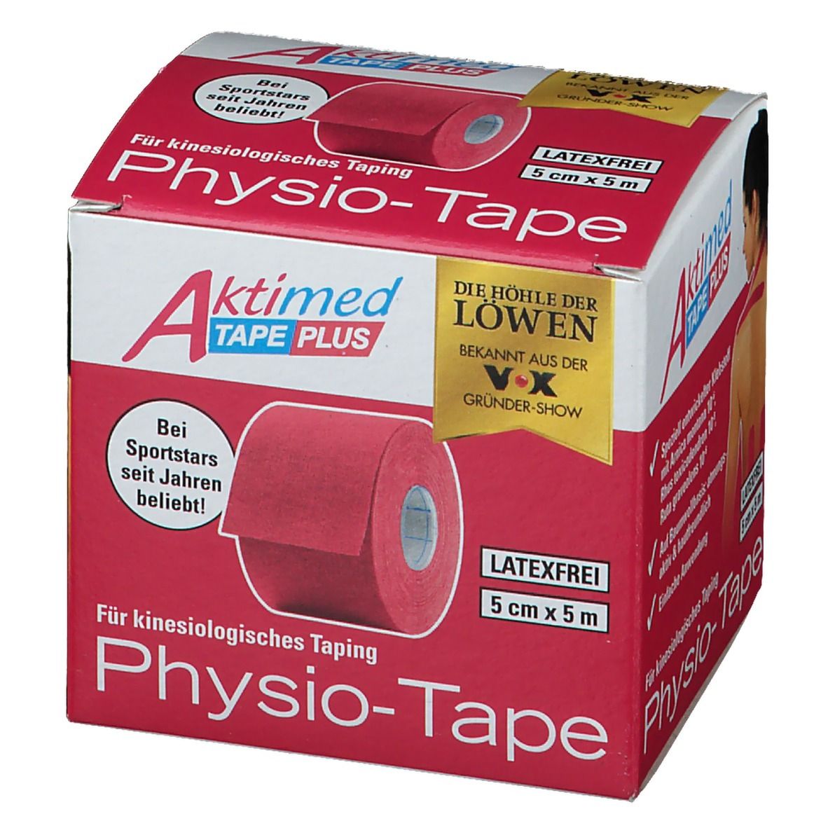 Verpakking Aktimed Tape Plus. Roze rol in doos. Opschriften: Physio-Tape, 5 cm x 5 m, latexvrij. Logo 'Die Höhle der Löwen'.