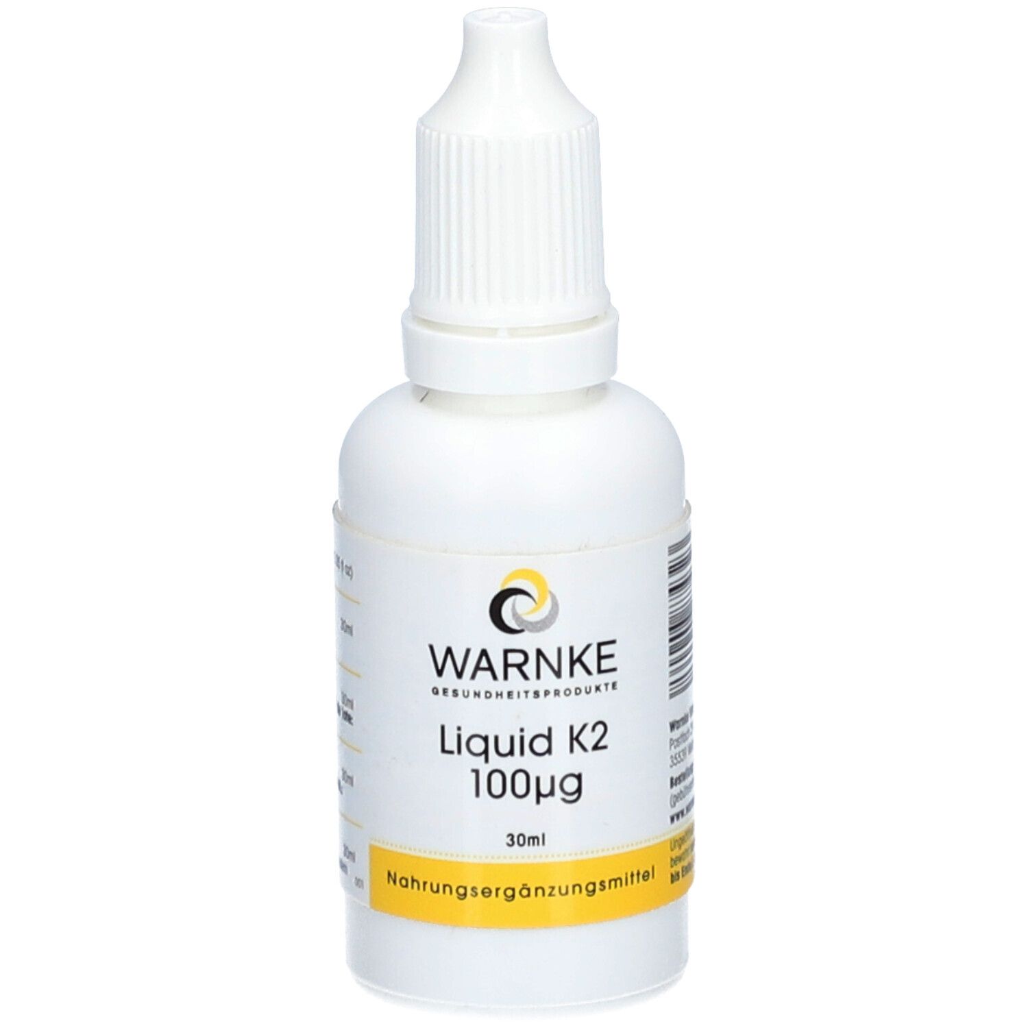 Flacon blanc avec compte-gouttes. Inscription: WARNKE, Liquid K2 100µg, 30ml. Étiquette jaune: Complément alimentaire.