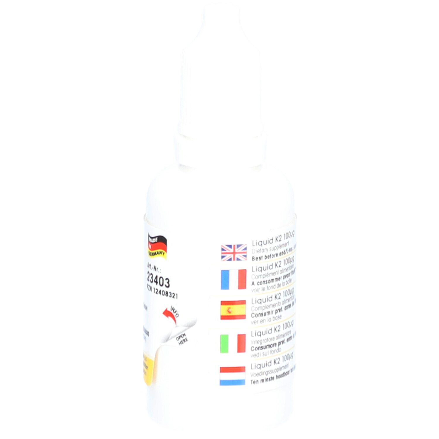 Flacon blanc avec compte-gouttes. Autocollant avec drapeaux et texte. Fabriqué en Allemagne. Numéro de lot et date de péremption.