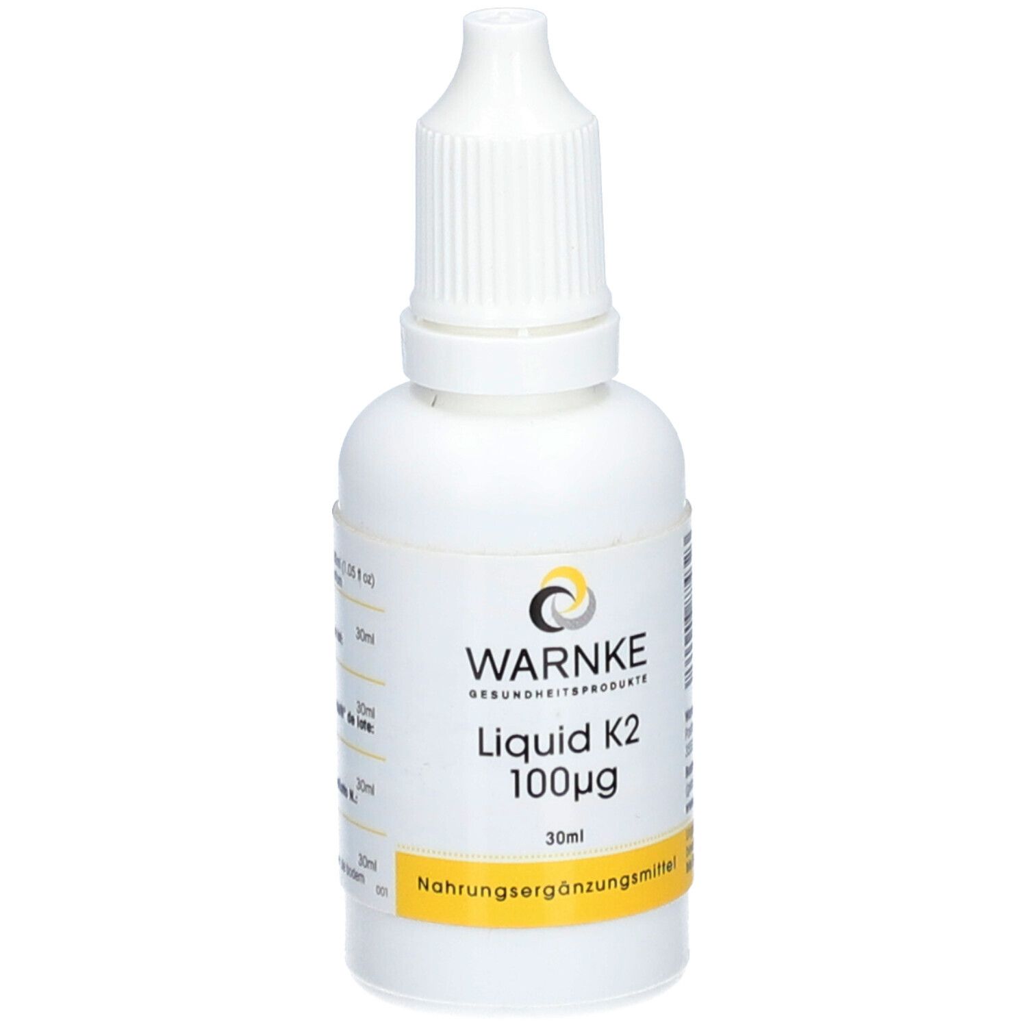 Flacon blanc avec compte-gouttes. Inscription: WARNKE, Liquid K2 100µg, 30ml. Étiquette jaune: Complément alimentaire.