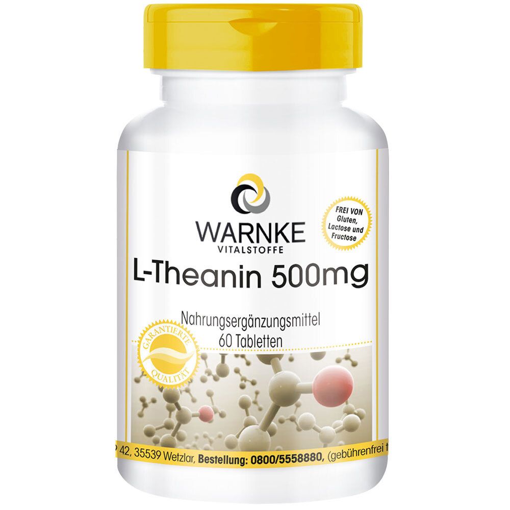 Witte fles met gele dop. Opschrift: L-Theanine 500mg, Warnke Vitalstoffe. 60 tabletten. Vrij van gluten, lactose, fructose.