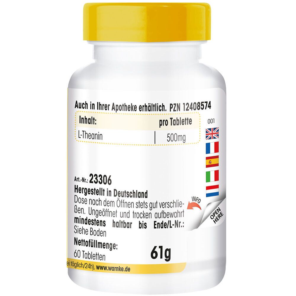 Achterkant van de witte fles met gele dop. Tekst: L-Theanine, 500mg, 61g, 60 tabletten. Gemaakt in Duitsland. PZN 12408574.