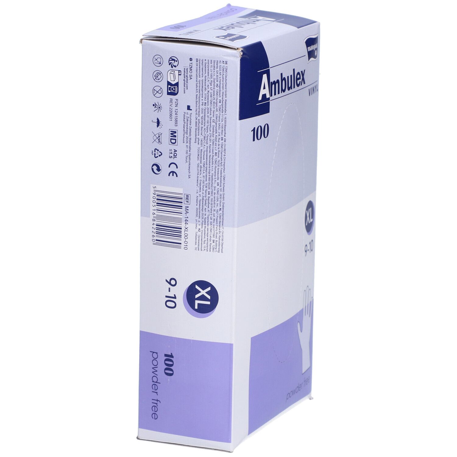 Emballage de 100 gants jetables XL, sans poudre, par Ambuelex.