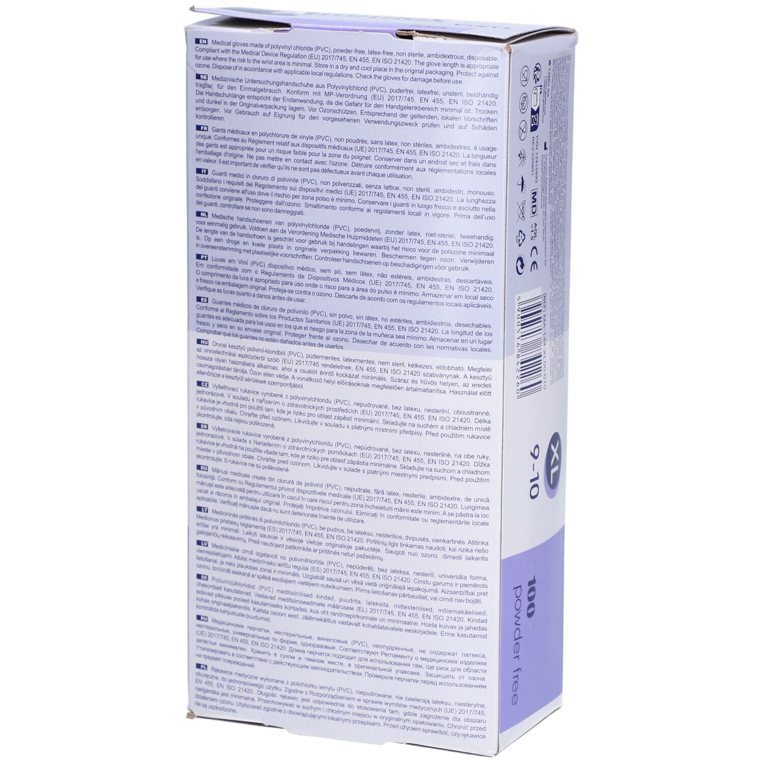 Emballage de 100 gants jetables en vinyle XL, sans poudre, par Ambuelex.