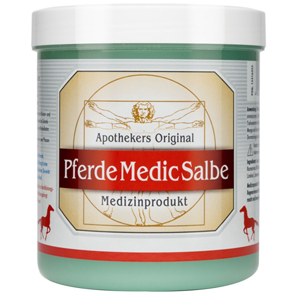 Groene pot met witte deksel. Opschrift: Apothekers Original Pferde Medic Salbe. Medisch product.