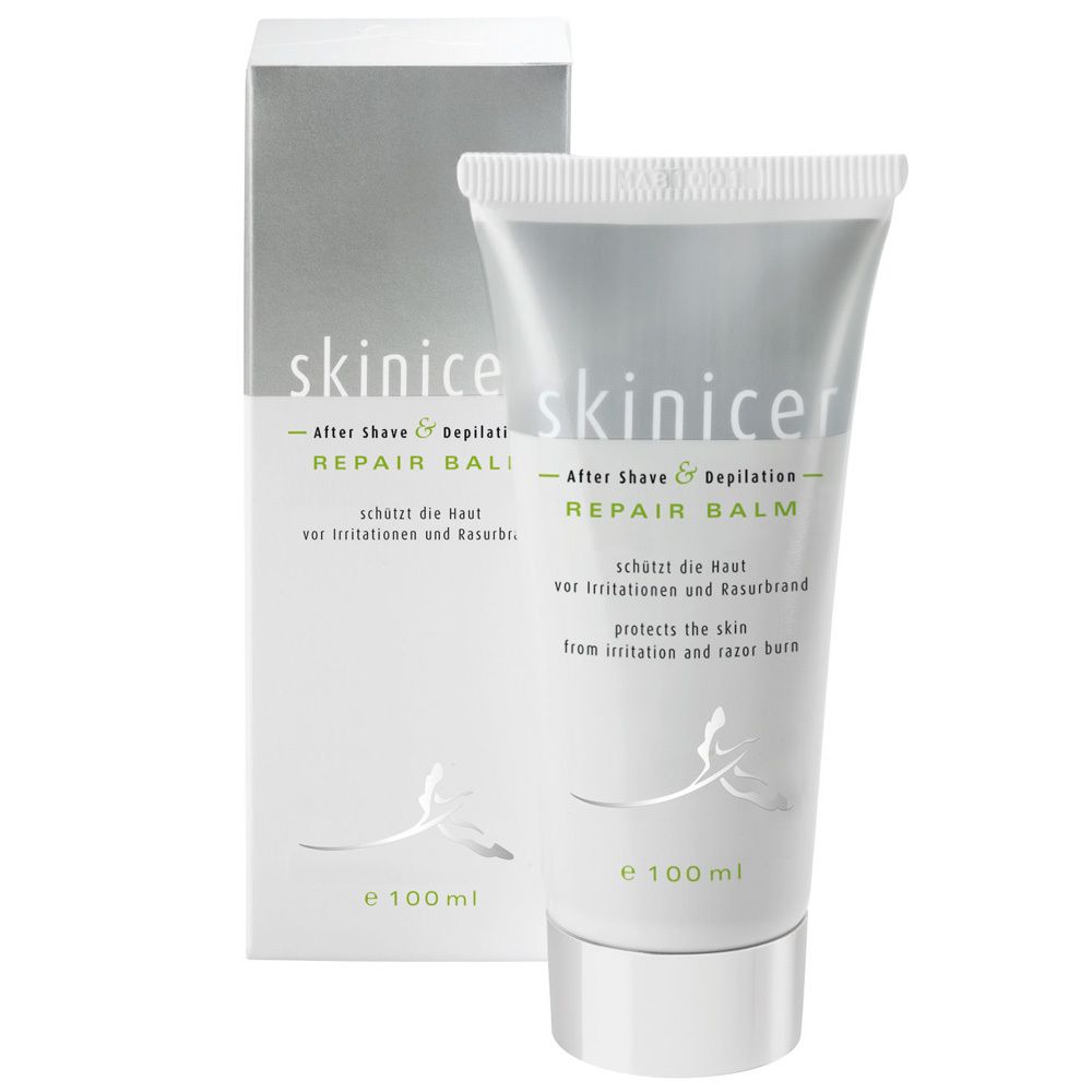 Tube en doos "skinicer Repair Balm". Wit, grijs en groen. Tekst: After Shave & Depilation, beschermt de huid.