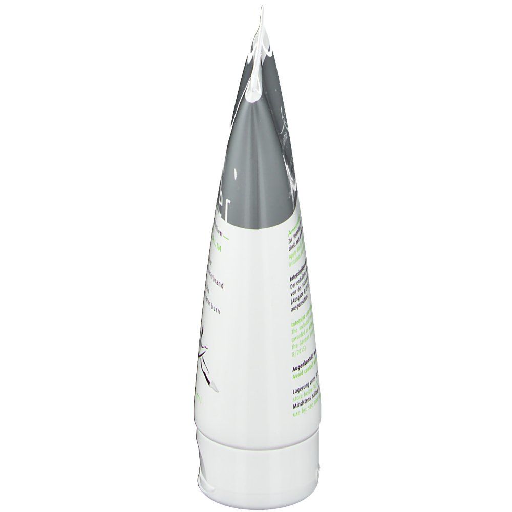 Zijaanzicht van de tube "skinicer Repair Balm". Wit, grijs en groen. Tekst: After Shave & Depilation, ingrediënten.