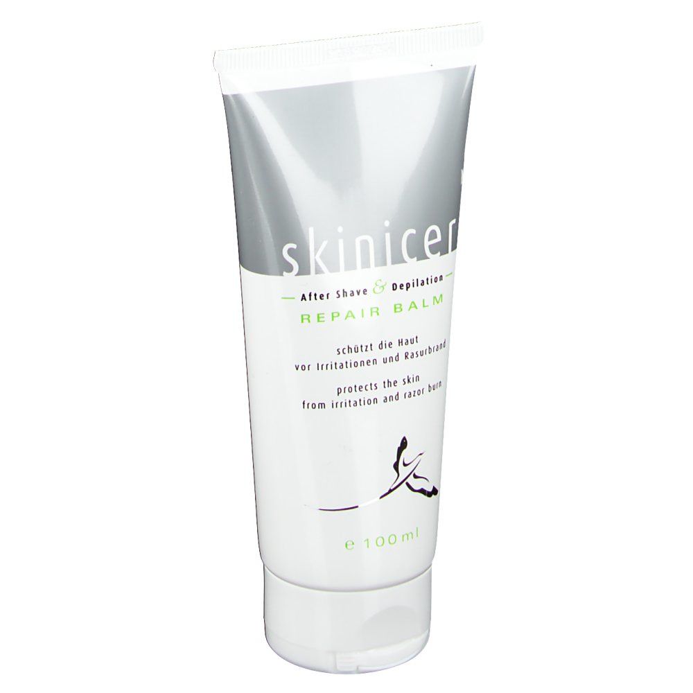 Tube "skinicer Repair Balm". Wit, grijs en groen. Tekst: After Shave & Depilation, beschermt de huid tegen irritatie.