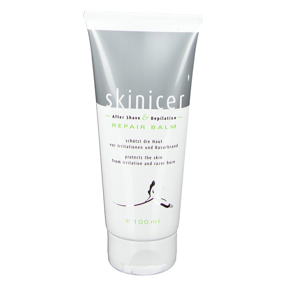 Tube "skinicer Repair Balm". Wit, grijs en groen. Tekst: After Shave & Depilation, beschermt de huid tegen irritatie.