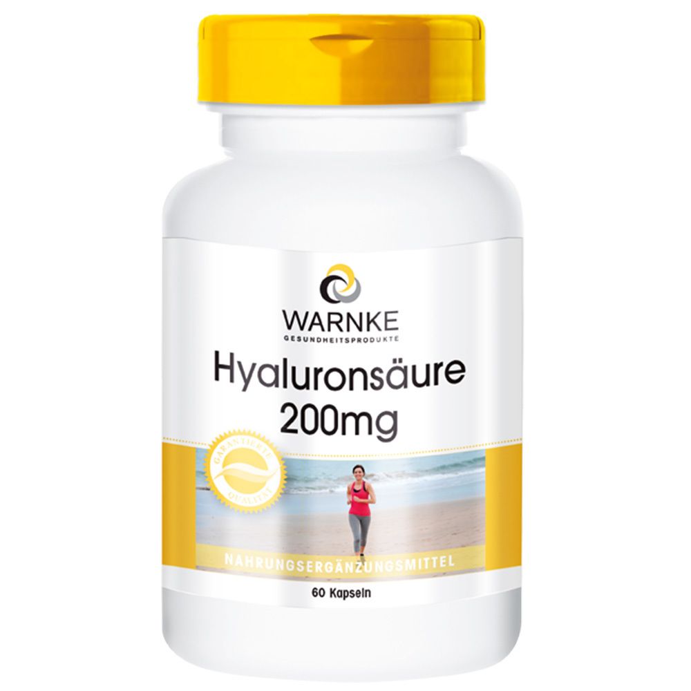 Flacon blanc à bouchon jaune. Inscription: Hyaluronsäure 200mg. Image d'une femme sur la plage. 60 gélules.
