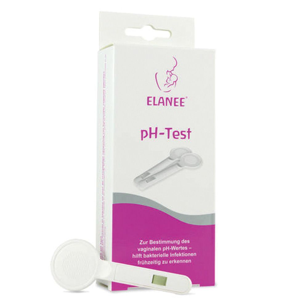 ELANEE pH-Test verpakking met teststaafjes. Opschrift: ELANEE, pH-Test. Roze en wit design. Teststaafje met digitale display.