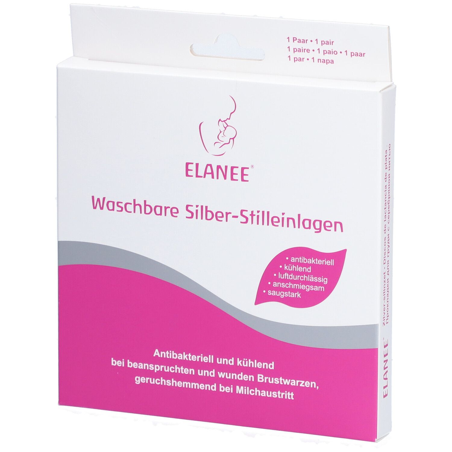 ELANEE® wasbare zilveren zoogcompressen in verpakking. Roze accent. Tekst: antibacterieel, verkoelend, ademend, zacht, absorberend.