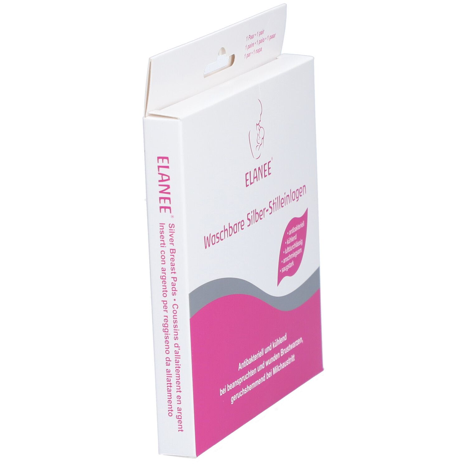 ELANEE® verpakking, schuin. Wasbare zilveren zoogcompressen. Roze accent. Tekst: antibacterieel, verkoelend, ademend, zacht, absorberend.