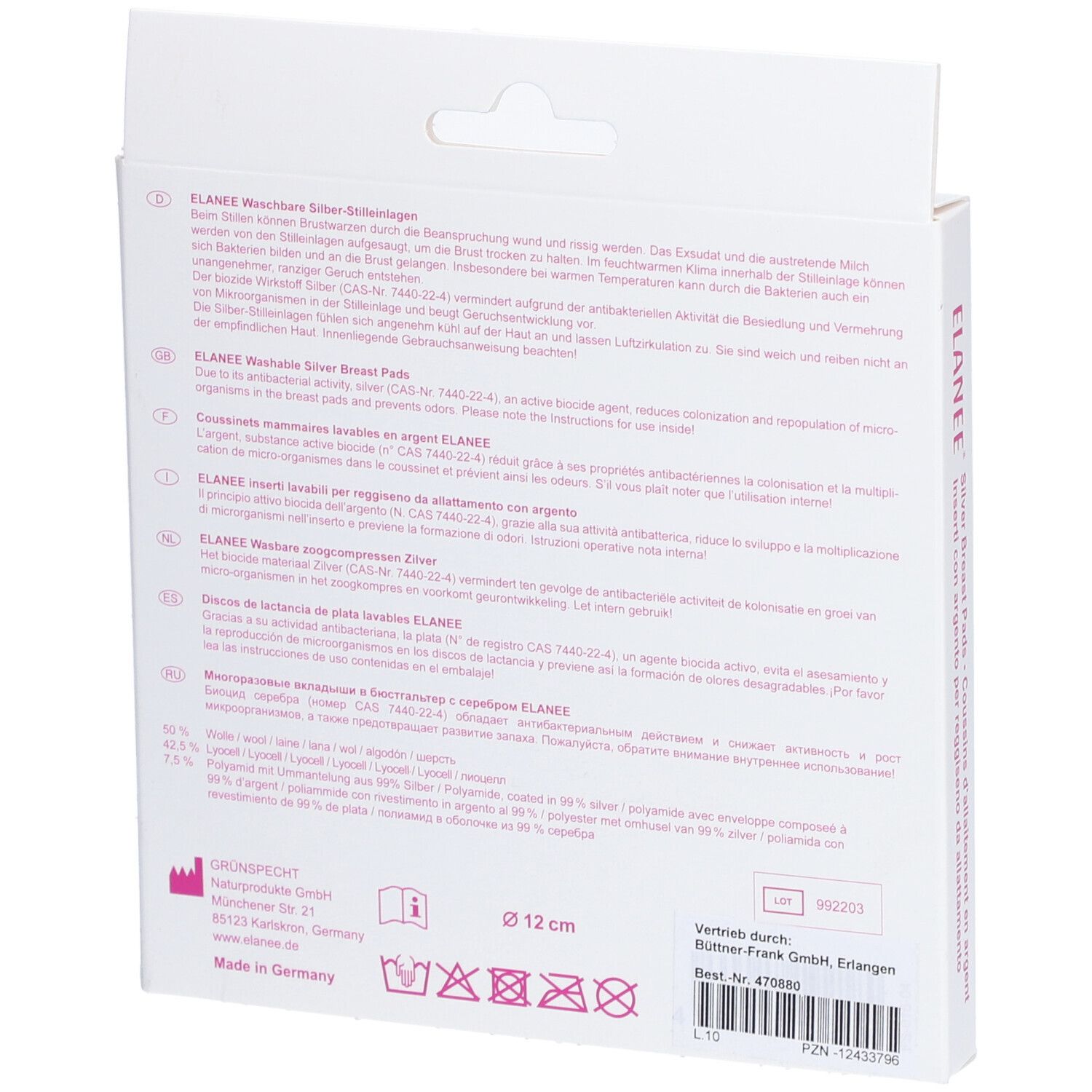 Achterkant van de ELANEE® verpakking. Tekst: wasbare zilveren zoogcompressen. Ingrediënten, gebruiksaanwijzing, fabrikantinfo, batchnummer, Ø 12 cm.