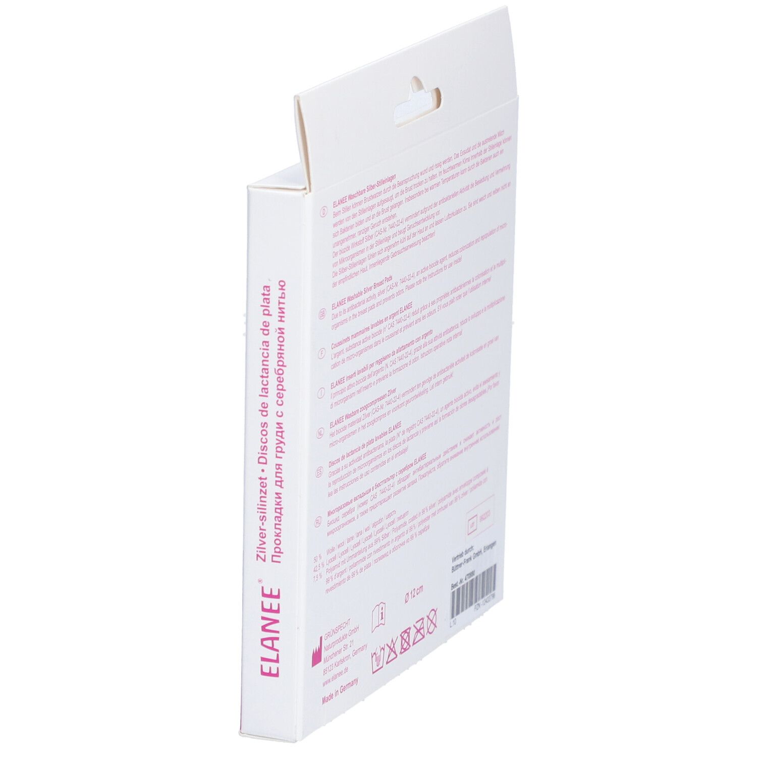 ELANEE® verpakking, schuin. Tekst: wasbare zilveren zoogcompressen. Roze accent. Meertalige gebruiksaanwijzing.