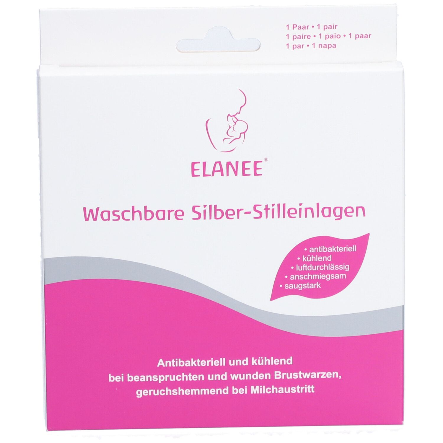 ELANEE® wasbare zilveren zoogcompressen in verpakking. Roze accent. Tekst: antibacterieel, verkoelend, ademend, zacht, absorberend.