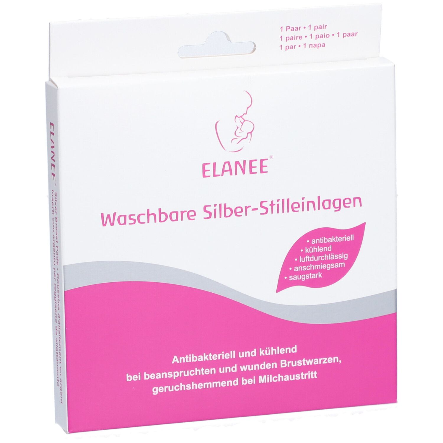 ELANEE® wasbare zilveren zoogcompressen in verpakking. Roze accent. Tekst: antibacterieel, verkoelend, ademend, zacht, absorberend.