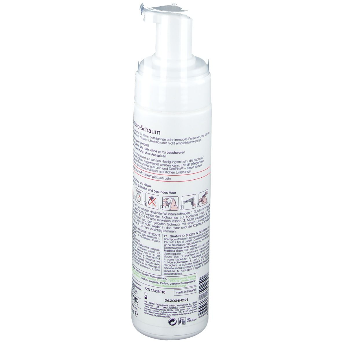 Witte fles met pomp. Achterkant met tekst en pictogrammen. Bevat informatie over het product en ingrediënten.