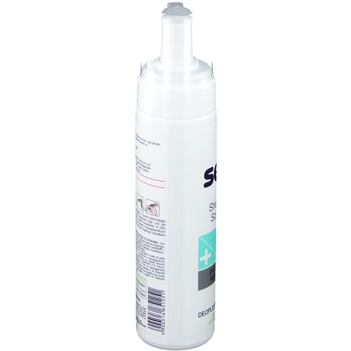 Witte fles met pomp. Opschrift: Seni care Shampoo-Schaum, verzorgende reiniging. Met logo en certificeringen.