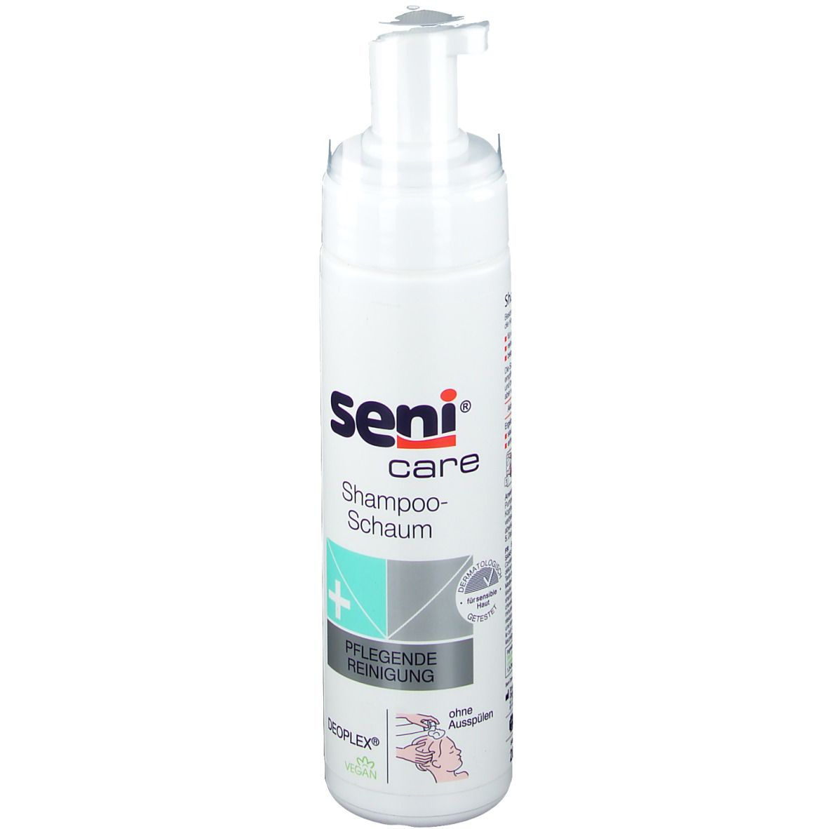 Witte fles met pomp. Opschrift: Seni care Shampoo-Schaum, verzorgende reiniging. Met logo en certificeringen.