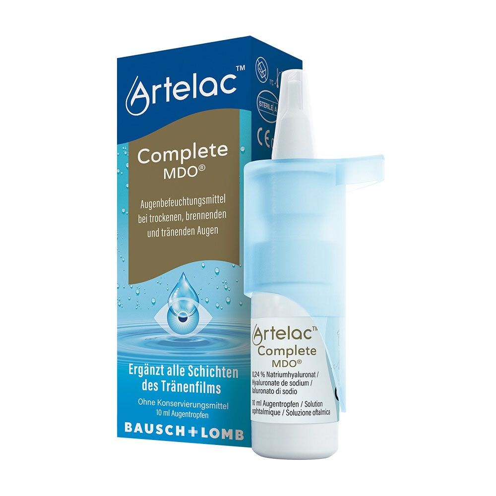 Oogdruppelfles en verpakking. Artelac Complete MDO. Blauwe verpakking, witte fles met blauwe applicator.