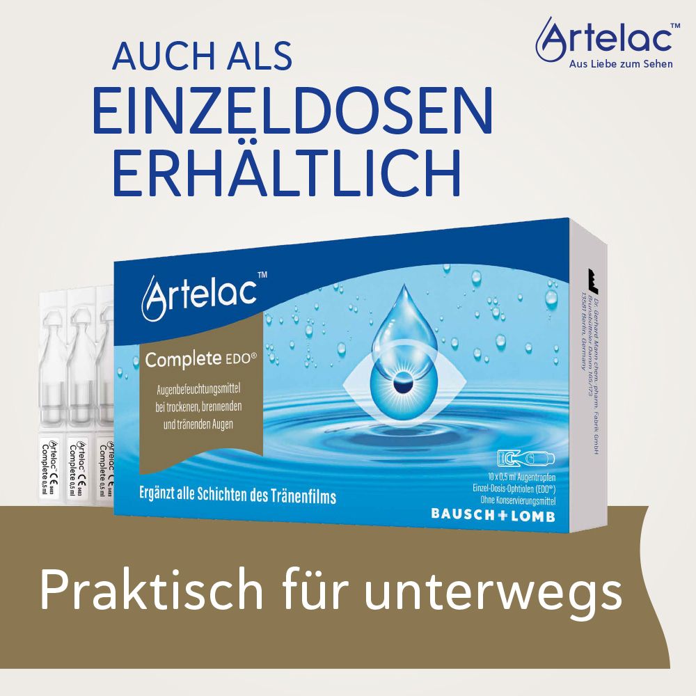 Verpakking Artelac Complete EDO. Enkelvoudige doses. Tekst: Ook verkrijgbaar als enkelvoudige doses. Handig voor onderweg.