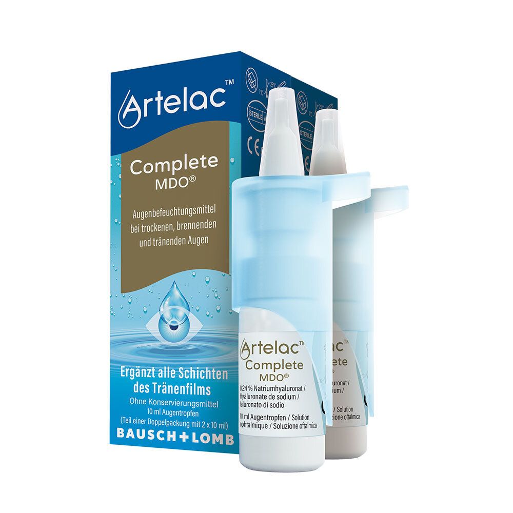 Artelac Complete MDO. Oogbevochtiger. Twee flacons met applicator en verpakking.