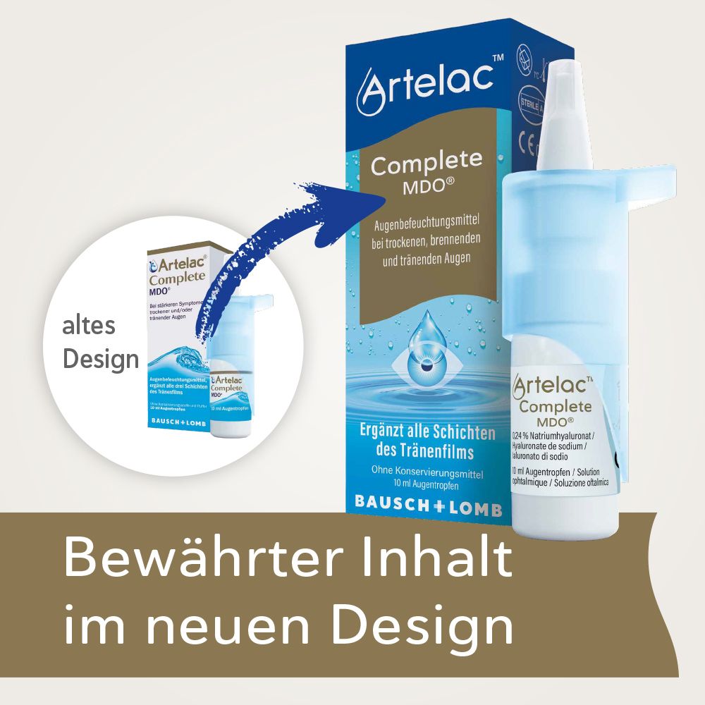 Artelac Complete MDO. Vergelijking oud en nieuw design. Fles en verpakking.
