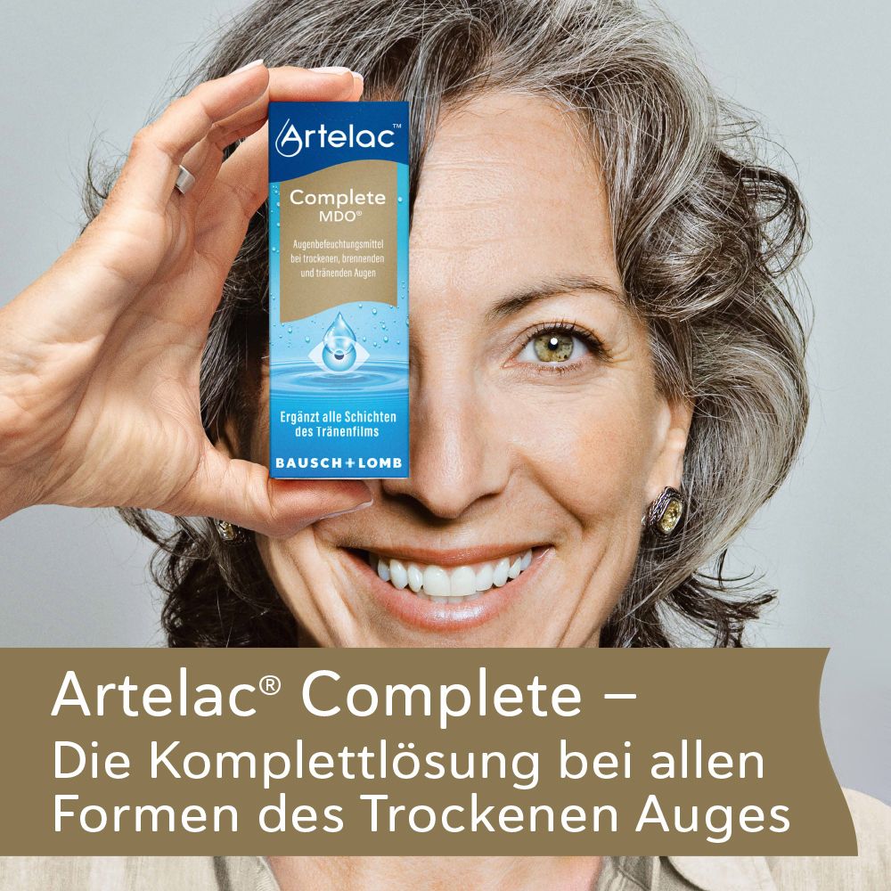Artelac Complete MDO. Vrouw houdt verpakking voor het oog. Product voor droge ogen.