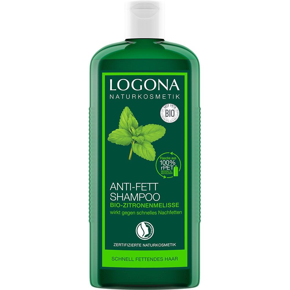 Groene shampoo fles met witte dop. Logo en tekst "Anti-Fett Shampoo Bio-Zitronenmelisse". Bio-keurmerk en certificering.