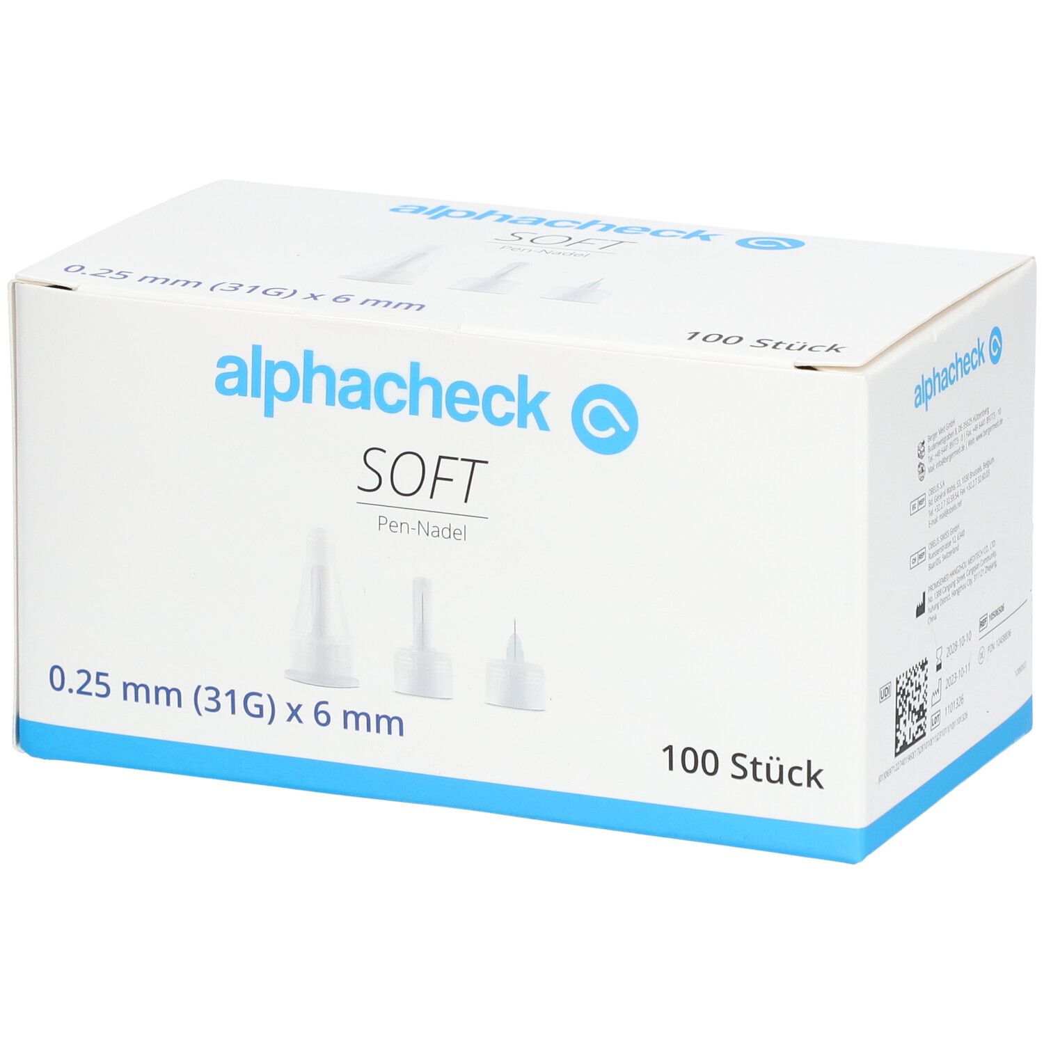 Boîte de pen-aiguilles alphacheck SOFT. 0,25 mm (31G) x 6 mm. 100 pièces. Illustration de trois aiguilles.