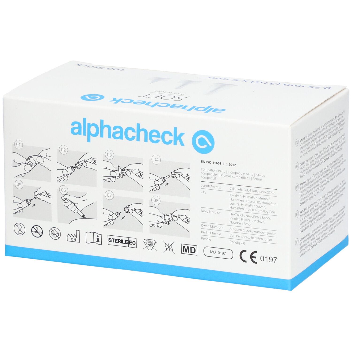Boîte de pen-aiguilles alphacheck SOFT. Dos avec pictogrammes et instructions.