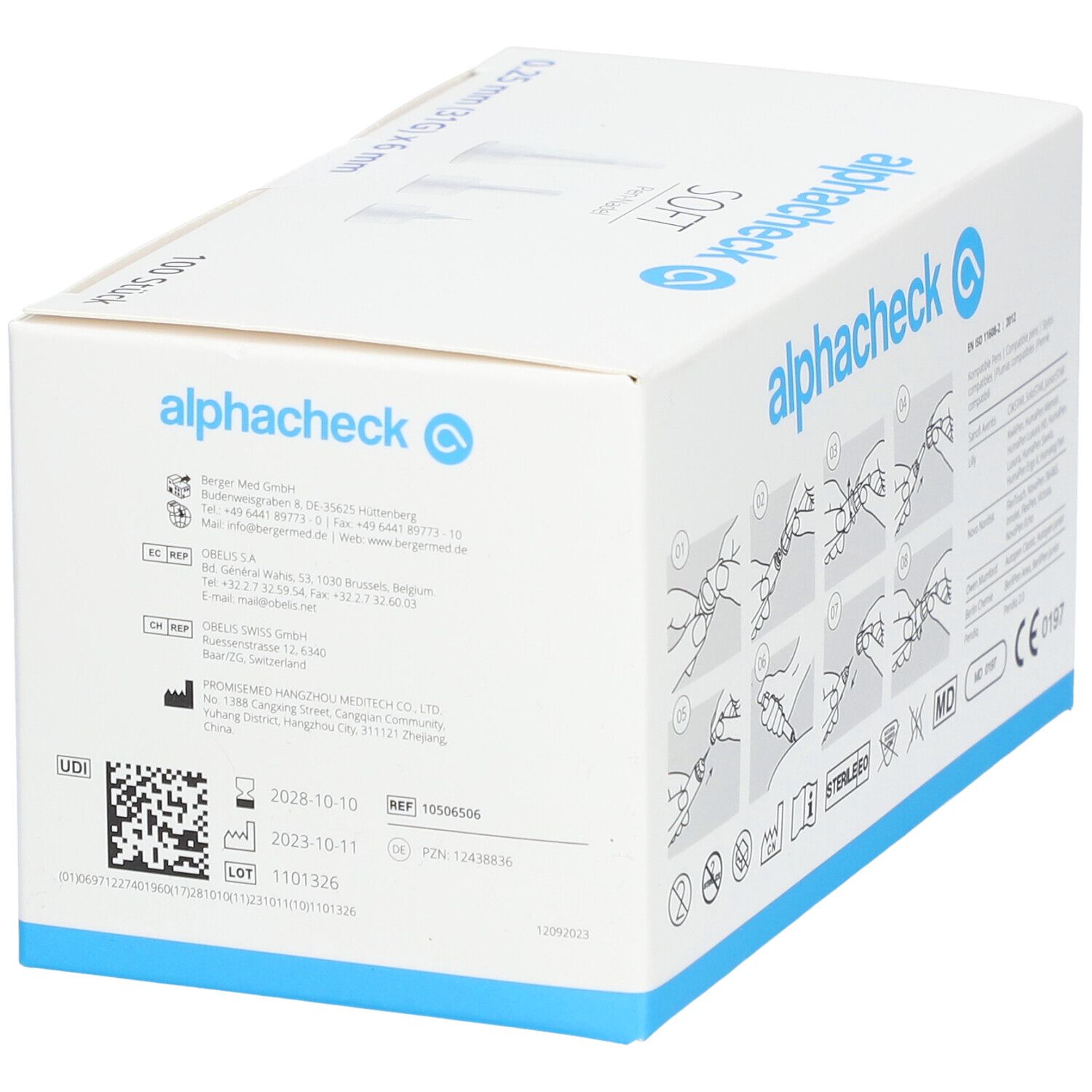 Boîte de pen-aiguilles alphacheck SOFT. Informations au dos, numéro de lot et date d'expiration.