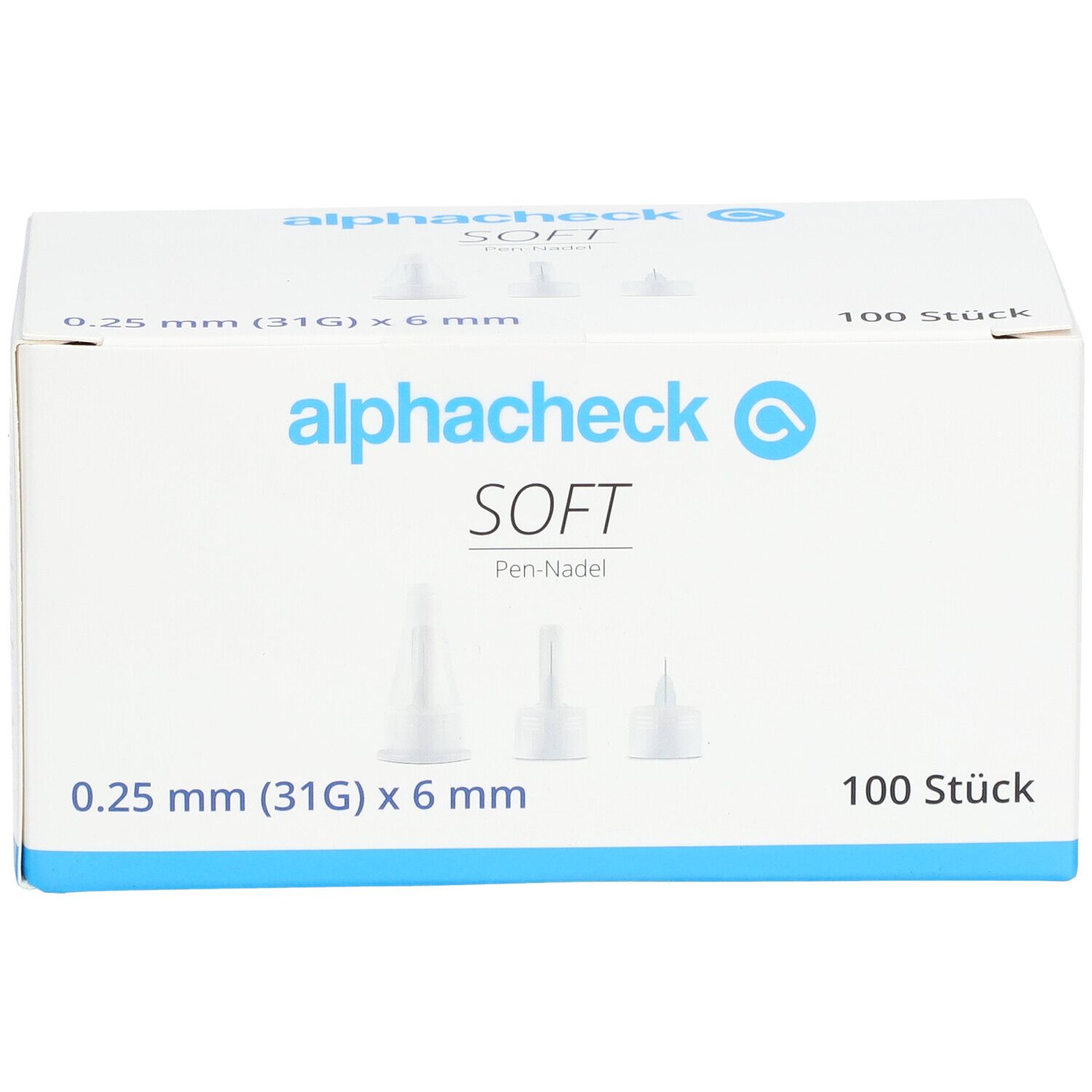 Boîte de pen-aiguilles alphacheck SOFT. 0,25 mm (31G) x 6 mm. 100 pièces. Illustration de trois aiguilles.