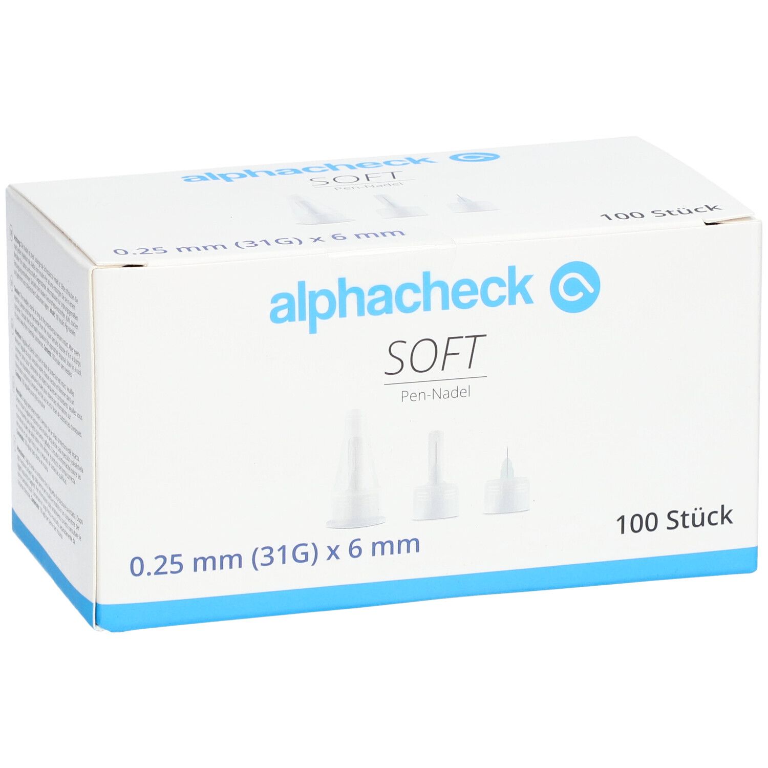 Boîte de pen-aiguilles alphacheck SOFT. 0,25 mm (31G) x 6 mm. 100 pièces. Illustration de trois aiguilles.