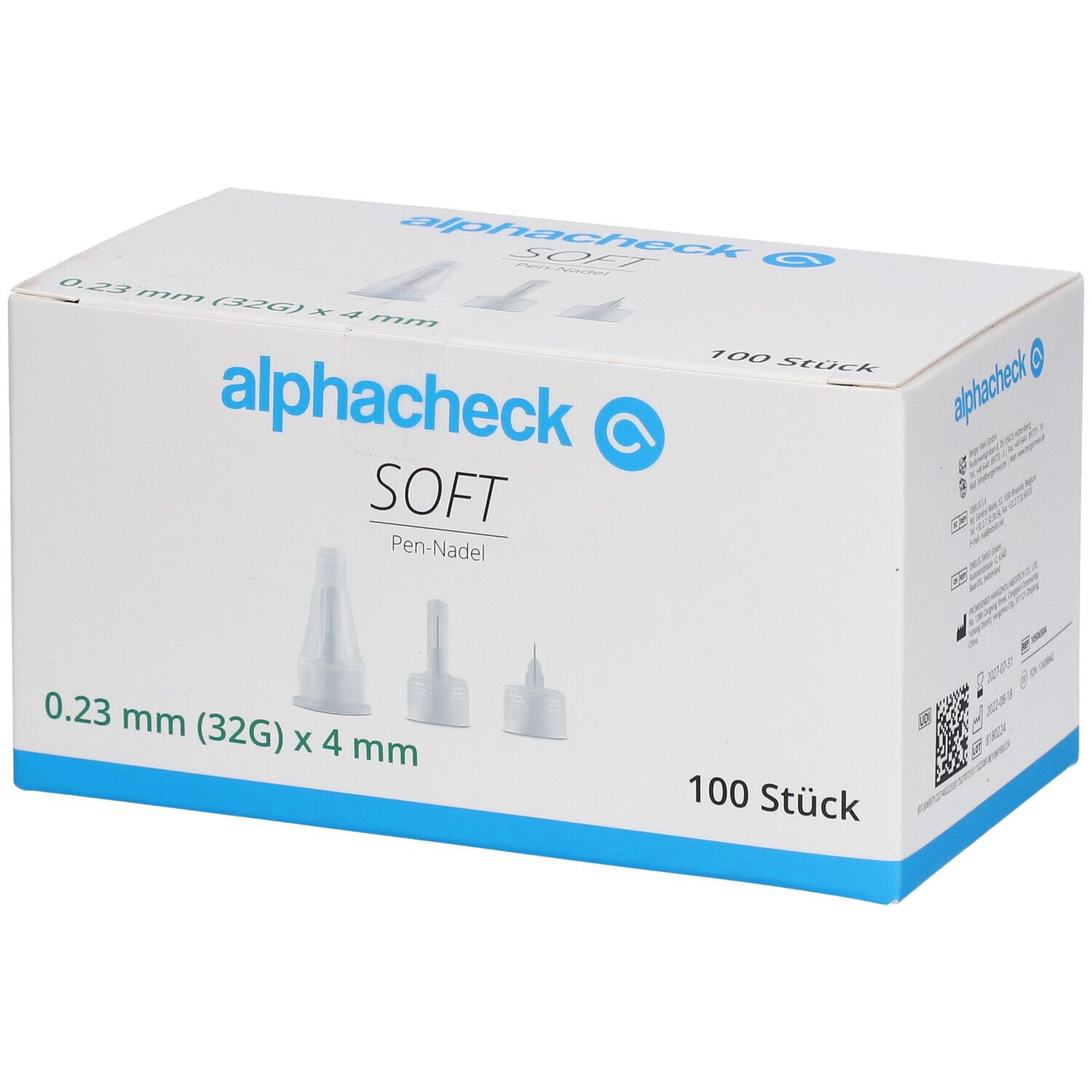 Boîte blanche avec illustrations et texte alphacheck SOFT. Contient 100 aiguilles pour stylo, 0,23 mm (32G) x 4 mm.