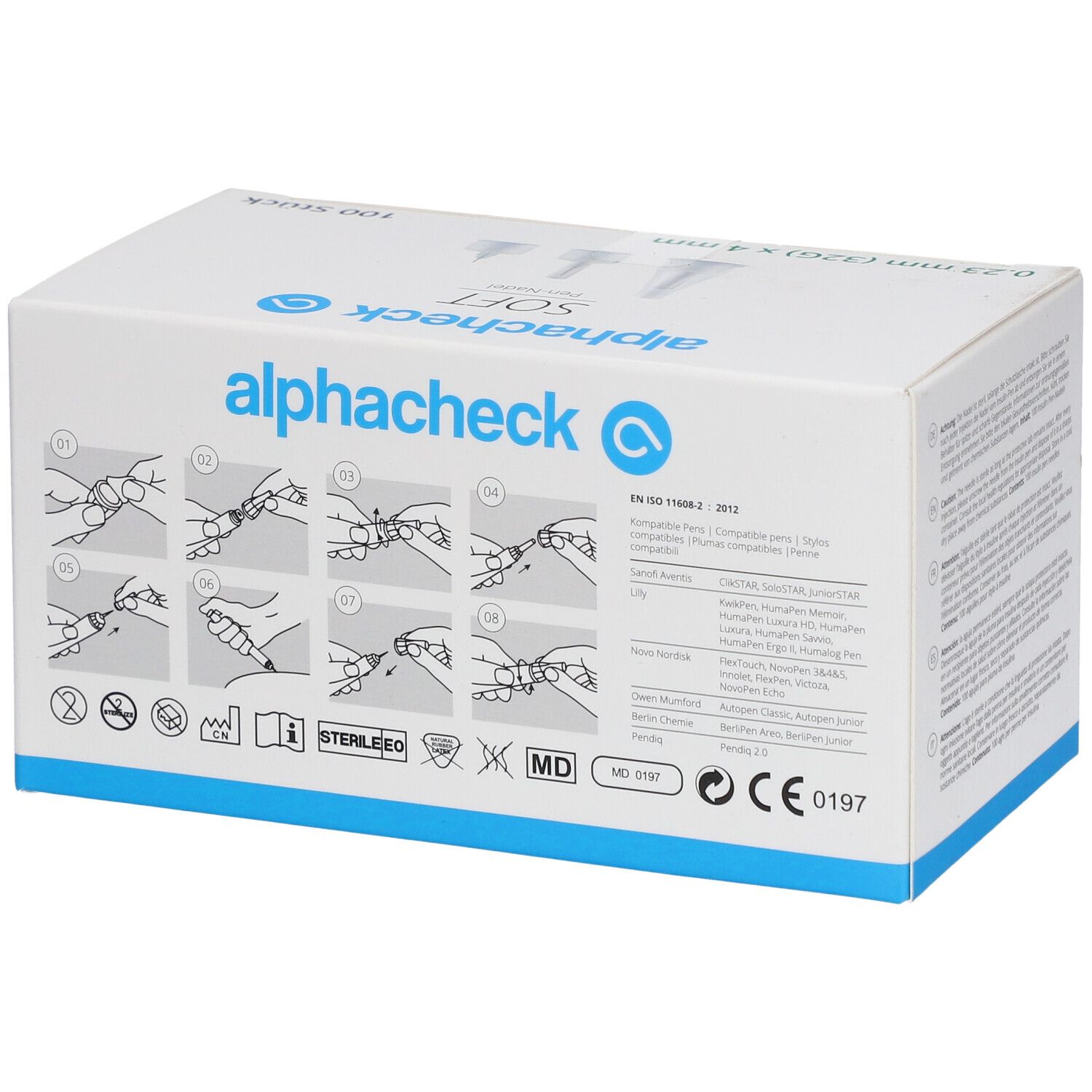 Boîte blanche avec illustrations, texte alphacheck SOFT et pictogrammes. Contient 100 aiguilles pour stylo, 0,23 mm (32G) x 4 mm.