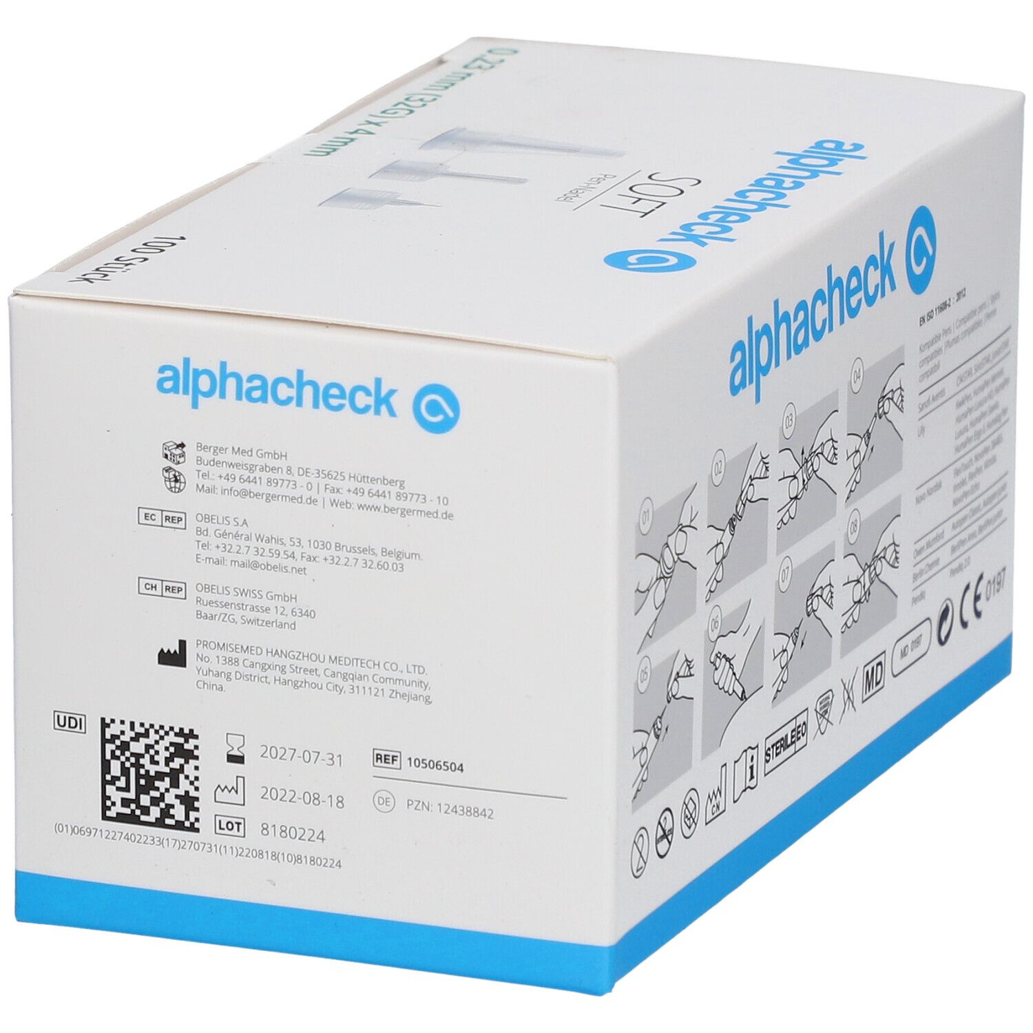 Boîte blanche avec illustrations, texte alphacheck SOFT et pictogrammes. Contient 100 aiguilles pour stylo, 0,23 mm (32G) x 4 mm. Avec code QR.
