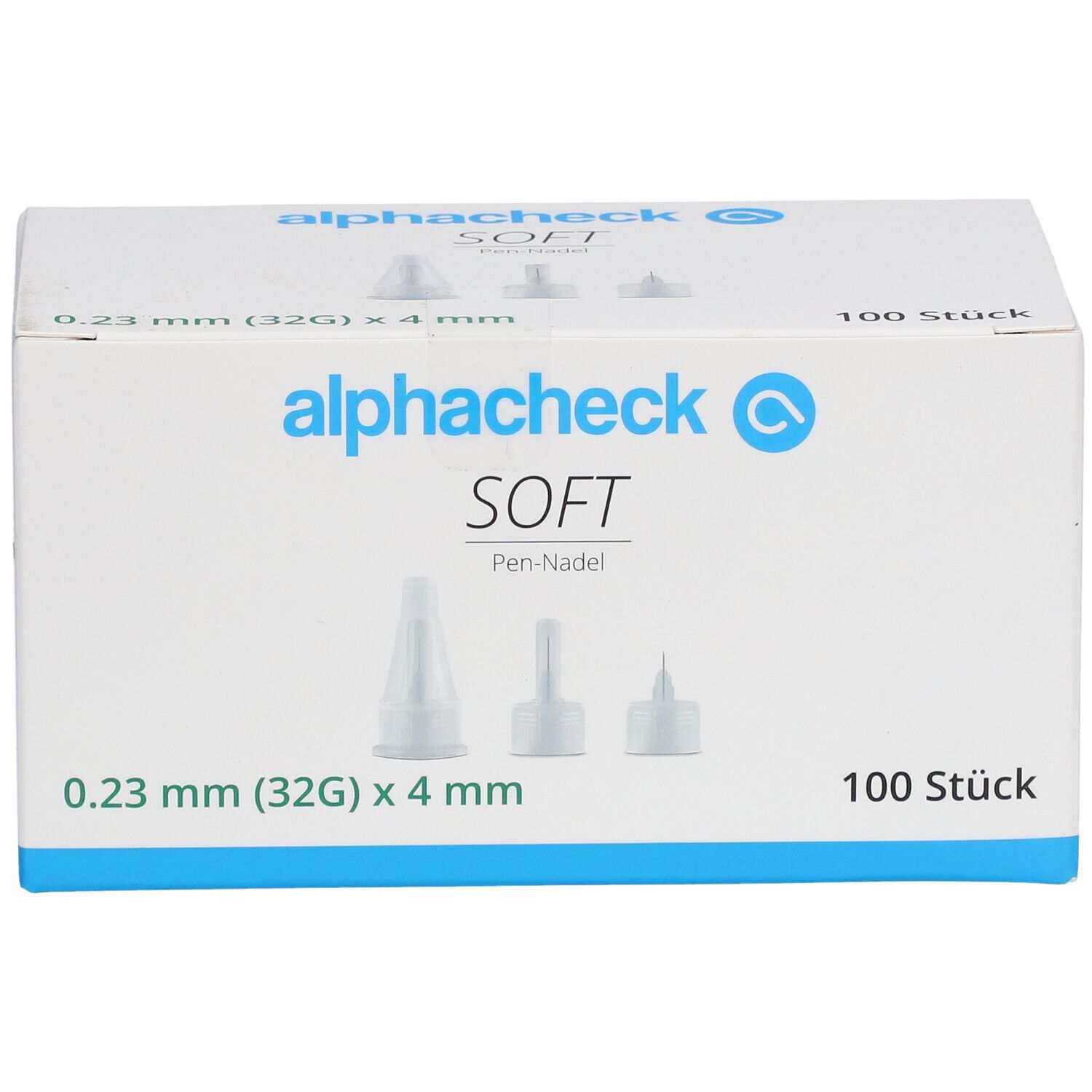 Boîte blanche avec illustrations et texte alphacheck SOFT. Contient 100 aiguilles pour stylo, 0,23 mm (32G) x 4 mm.