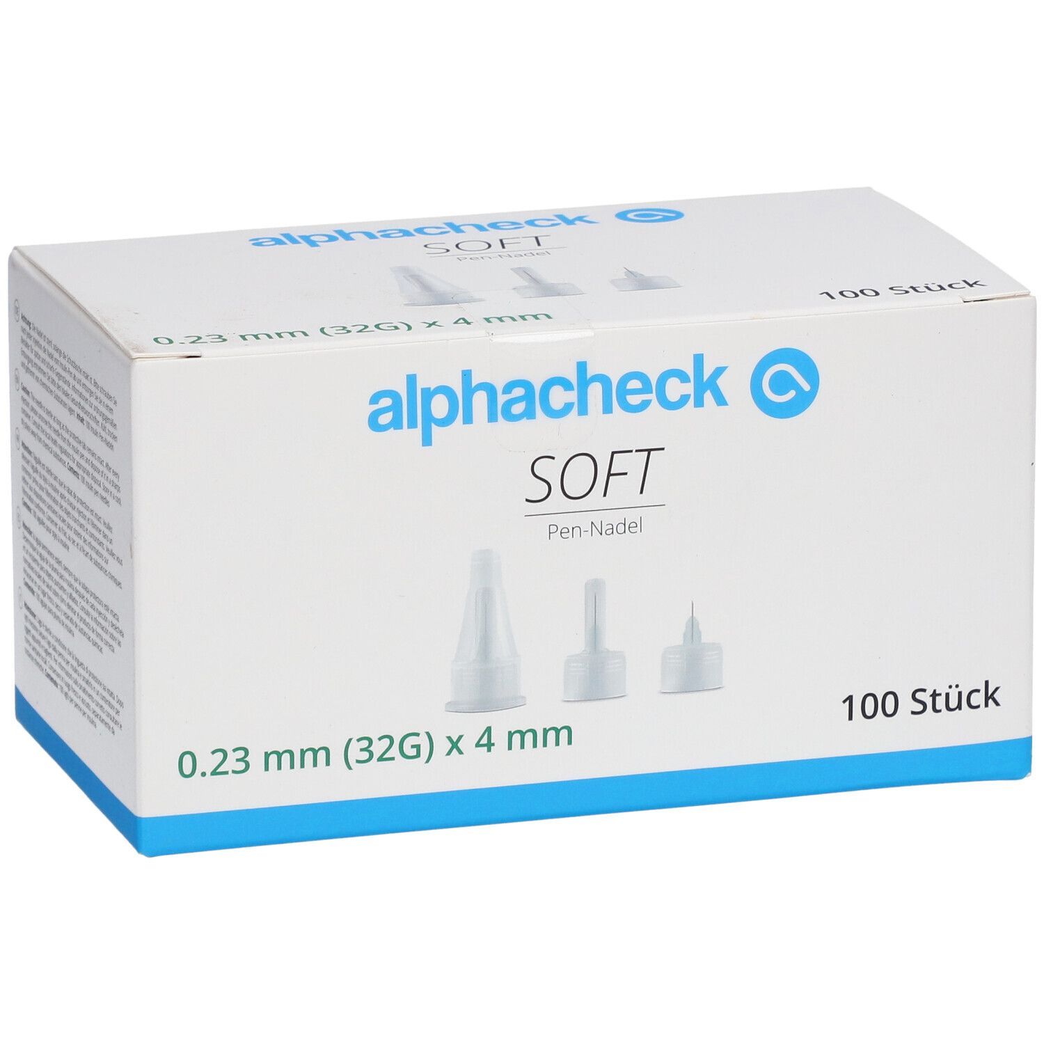 Boîte blanche avec illustrations et texte alphacheck SOFT. Contient 100 aiguilles pour stylo, 0,23 mm (32G) x 4 mm.