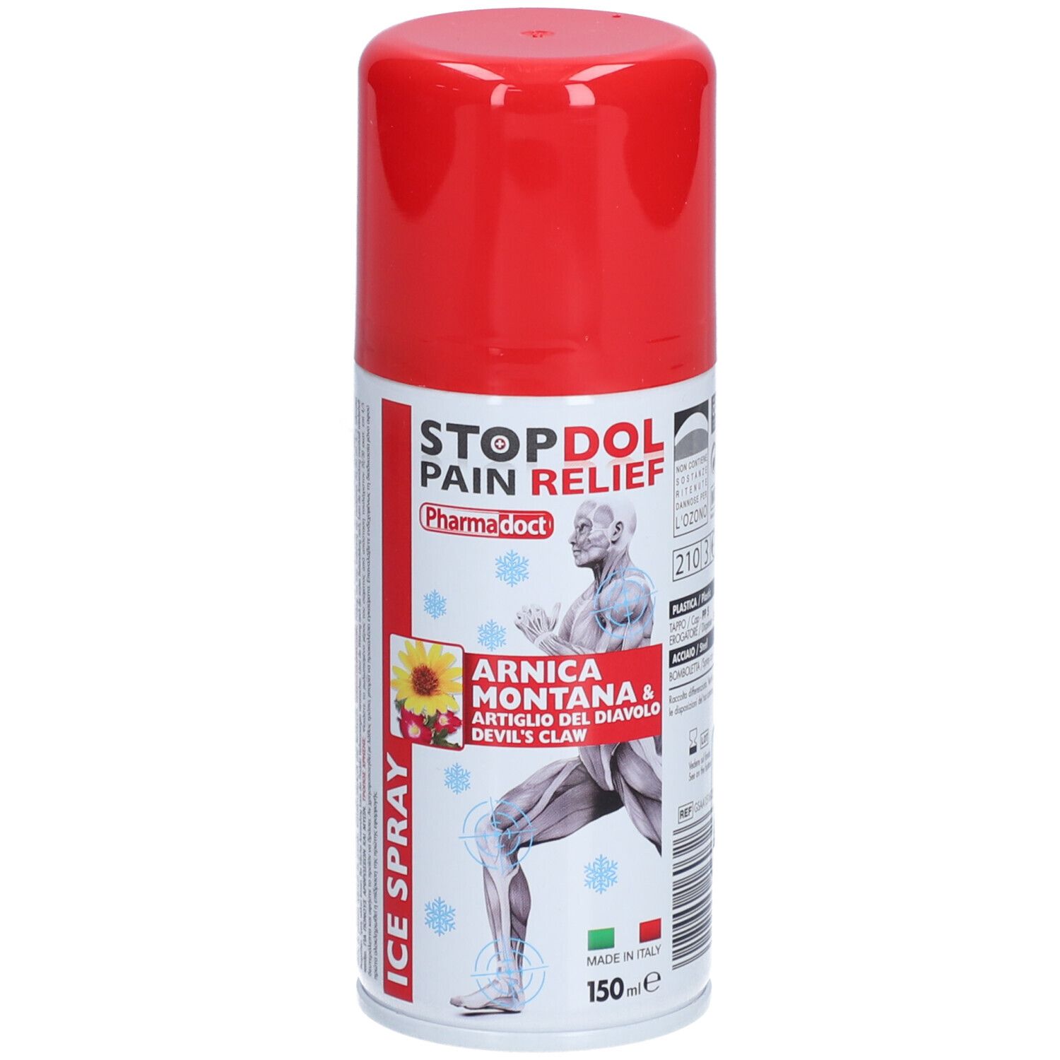 Rode en witte spuitbus. Opschrift: STOPDOL Pain Relief, Arnica Montana & Artiglio del diavolo. Met illustraties.