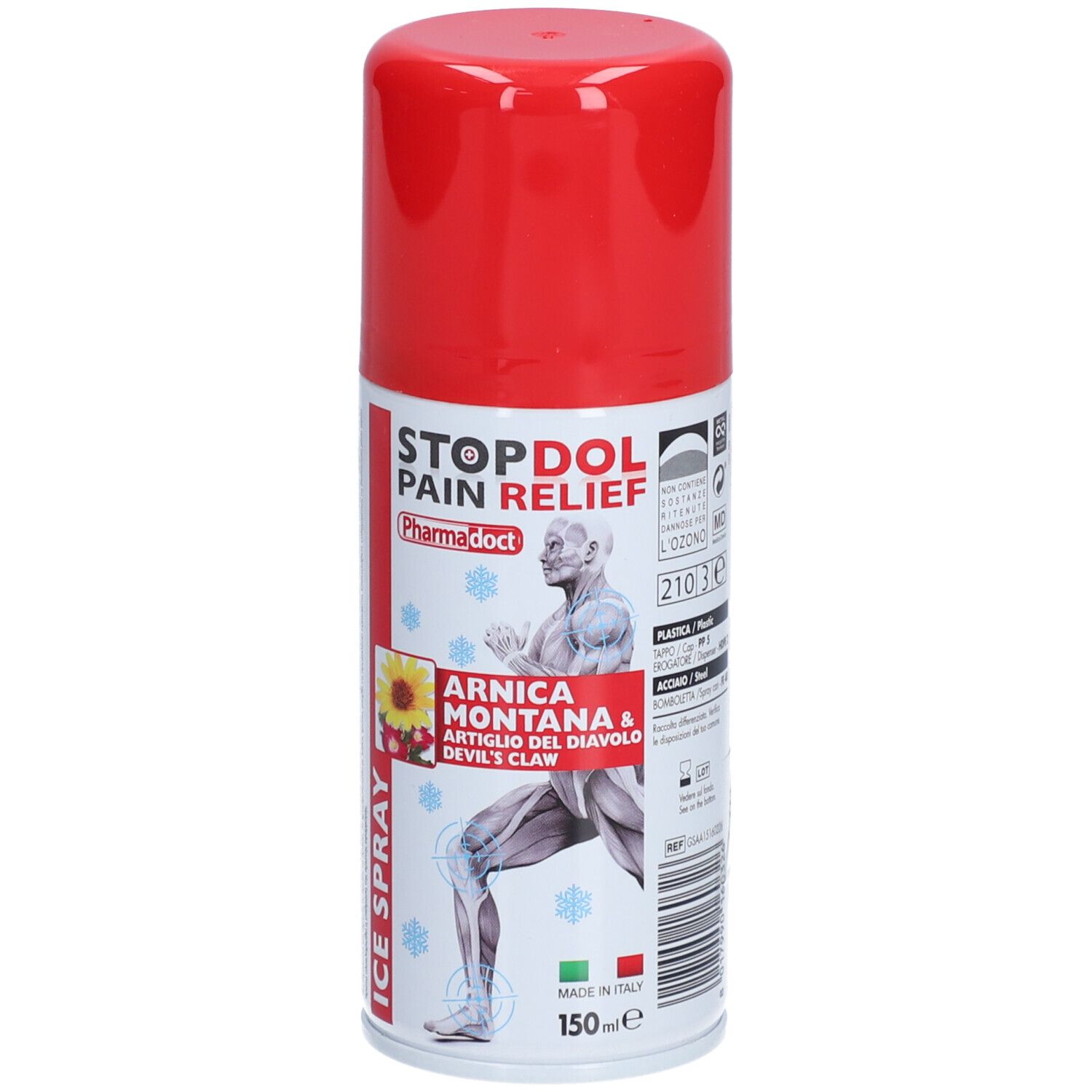 Rode en witte spuitbus. Opschrift: STOPDOL Pain Relief, Arnica Montana & Artiglio del diavolo. Met illustraties.