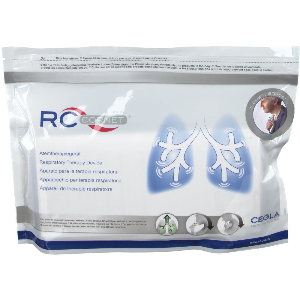 Verpakking van RC-Cornet® PLUS TRACHEO. Bedrukt met productlogo, longillustratie en meertalige productnamen.