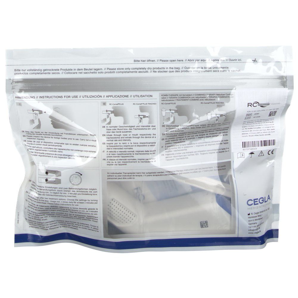 Achterkant van de verpakking van RC-Cornet® PLUS TRACHEO. Gebruiksaanwijzing en productinformatie.