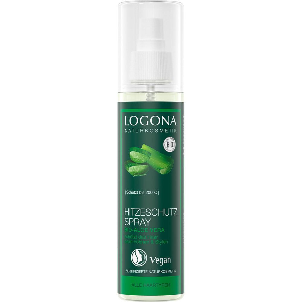 Groene fles met verstuiver. Opschrift: LOGONA Naturkosmetik, Hitzeschutzspray Bio-Aloe Vera. Vegan-keurmerk.