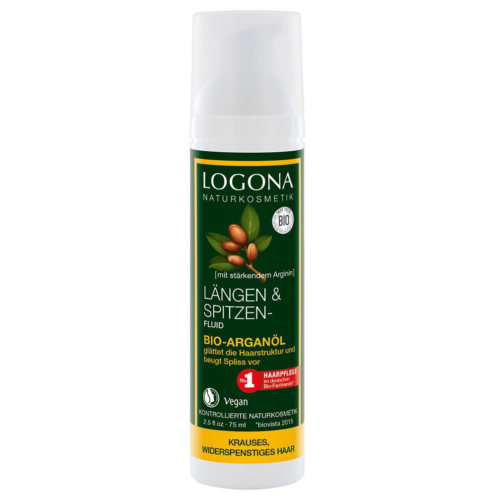 Flacon blanc et vert avec étiquette LOGONA. LÄNGEN & SPITZEN-FLUID BIO-ARGANÖL. Vegan. À l'huile d'argan. Pour cheveux rebelles.