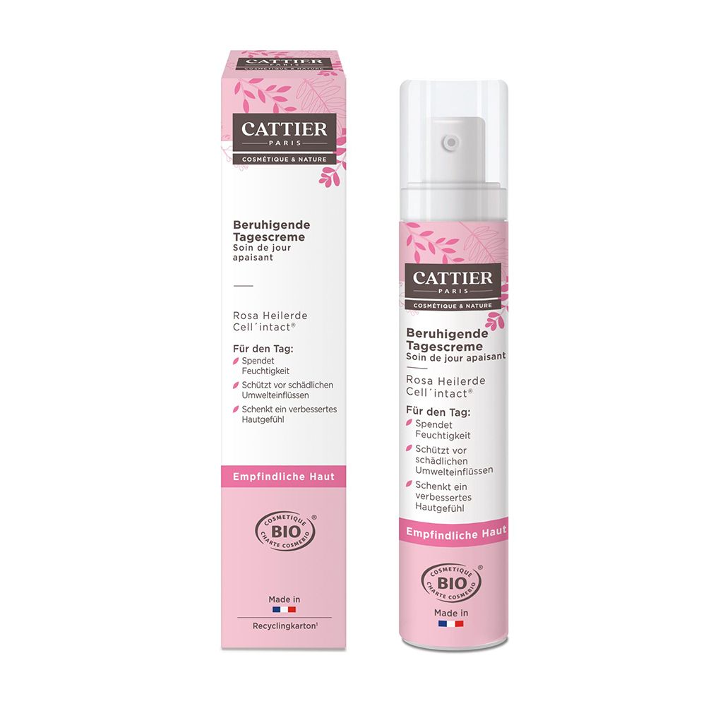 Cattier Kalmerende dagcrème, roze fles met pomp en doos. Bio-certificering. Voor de gevoelige huid.
