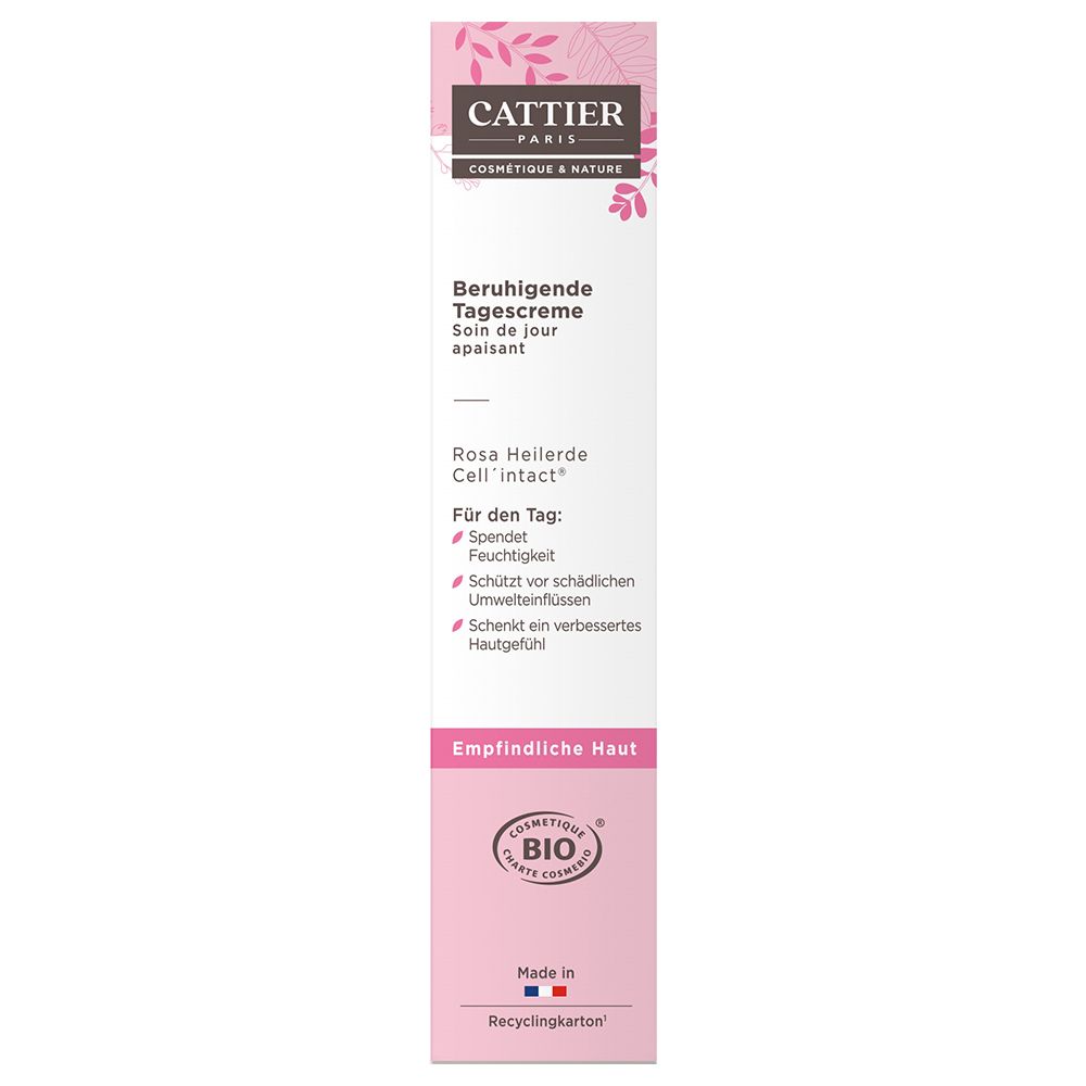 Cattier Kalmerende dagcrème, roze verpakking. Bio-certificering. Voor de gevoelige huid. Tekst in het Duits.