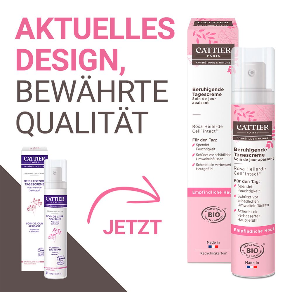 Reclame voor Cattier Kalmerende dagcrème. Product met verpakking en fles. Tekst: Actueel design, bewezen kwaliteit.