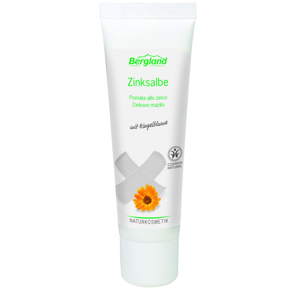 Witte tube Bergland Zinksalbe. Tekst: Zinksalbe, Pomata allo zinco, Cinkovo mazilo, mit Ringelblume. Logo.